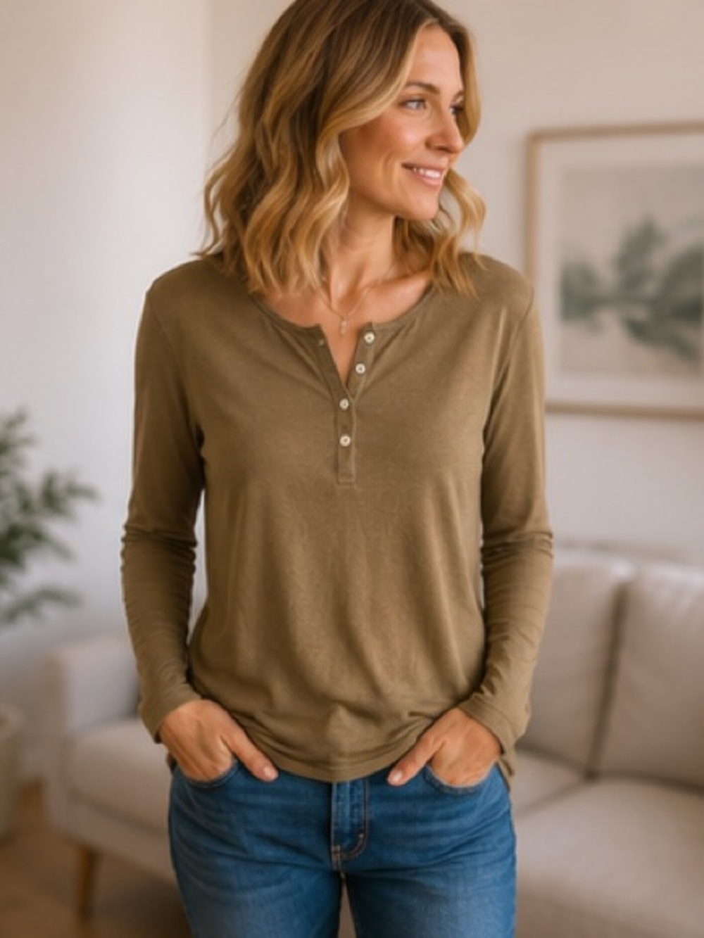 UNTUCKit Marastina Medium Olive Brown Long Sleeve Henley Top Tencel Blend